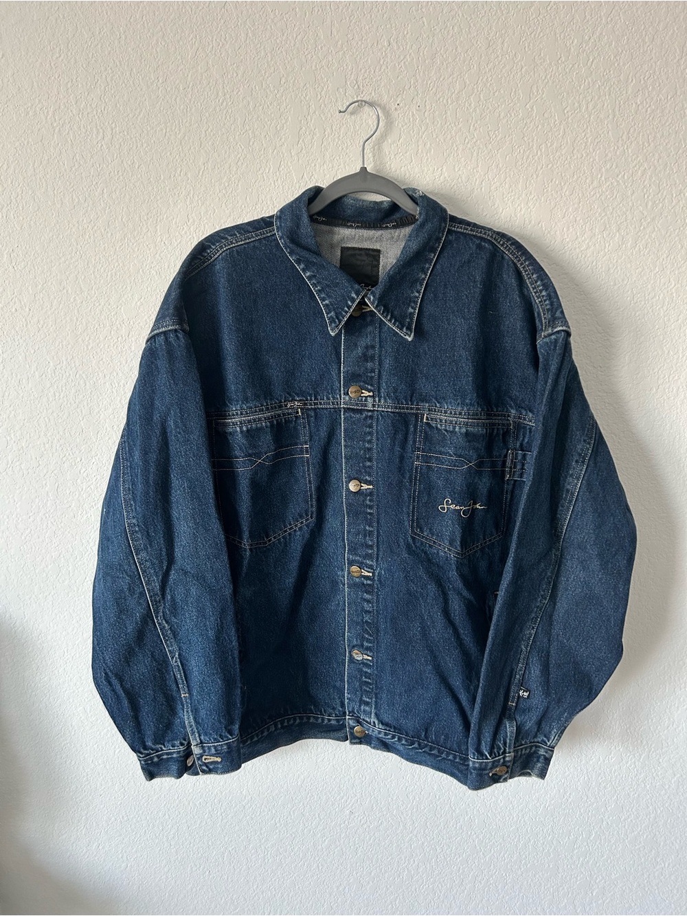 Vintage Y2K Sean John Embroidered Denim Trucker Jacket Dark Wash XXL